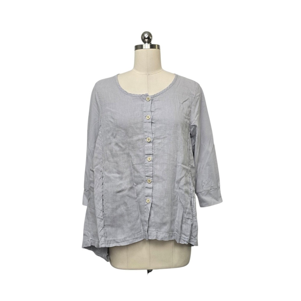Flax Womens Gray 100% Linen Button Front 3/4 Sleeve Lagenlook Blouse Size P